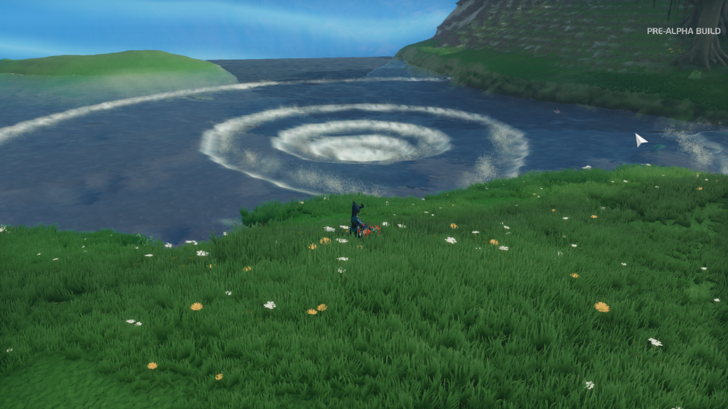 The simulation created a whirlpool effect on the surface of the lake in response to the player's actions.