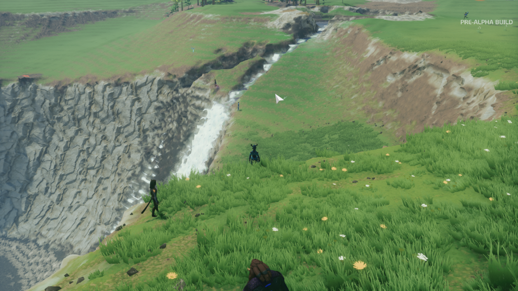 A new waterfall was created when a player dug out the side of the pond.